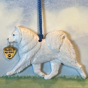 Samoyed with  heart charm. Pet loss memorial  dog breed ornament. Keepsake.