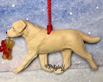 Labrador Retriever-yellow-with bone charm-Christmas/holiday dog breed ornament.