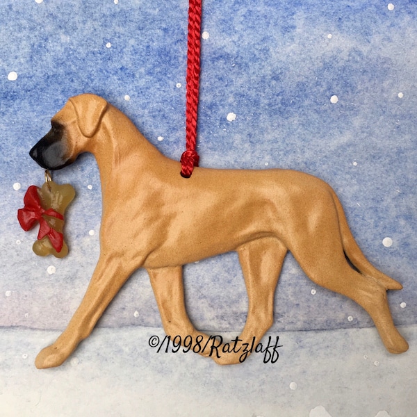 Great Dane w/ bone charm-Fawn-natural ear-Christmas/holiday artist quality dog breed ornament.