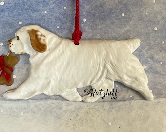 Clumber Spaniel with bone-short tail-Christmas/holiday artist dog breed ornament.