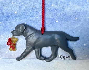 Labrador Retriever-silver-with bone charm-Christmas/holiday dog breed ornament.