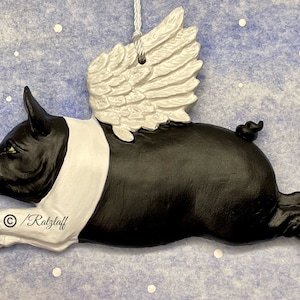 Flying Pig Ornament! Black and white with green eyes.  When pigs fly. Handmade pig collectable art. Pig decor.