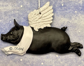 Fliegendes Schwein Ornament! Schwarz und weiß mit grünen Augen.  Wenn Schweine fliegen. Handgemachte Schweine Sammlerstücke. Schweine Dekor.