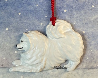 American Eskimo Dog in play bow. Christmas/holiday/home decor artist dog breed ornament.