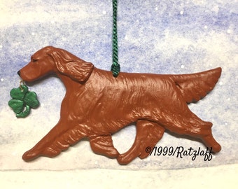 Irish Setter with shamrock. Christmas/holiday artist dog breed ornament