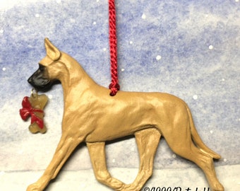 Great Dane-fawn-bone charm-Christmas/holiday artist sculpted dog breed ornament.