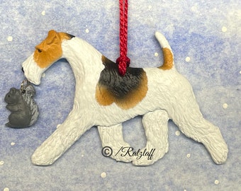 Wire Fox Terrier w/squirrel charm. Artist quality dog breed ornament.