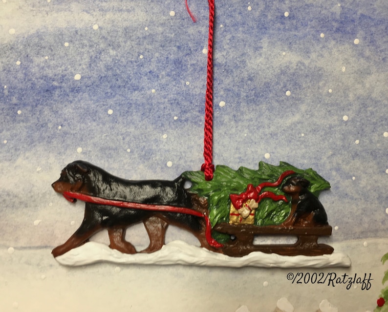 Sled Rotties Rottweiler With Puppy on Sled. Bringing the Christmas Tree Home. Dog ...