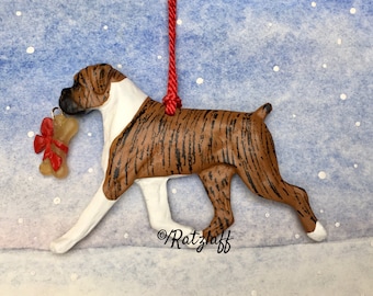 Boxer w/bone- flashy brindle/natural ear. Christmas/holiday artist dog breed ornament.