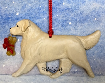 Golden Retriever-English Cream-w/bone charm. Christmas/holiday artist quality dog breed ornament.