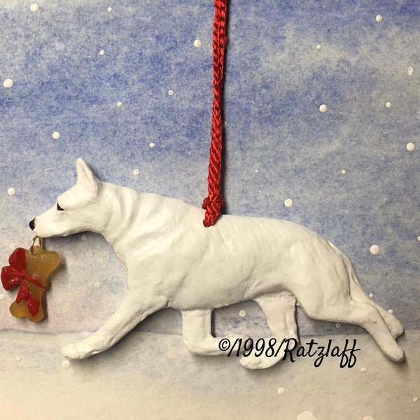 German Shepherd with bone charm. White. Handcrafted Christmas/holiday dog breed ornament.
