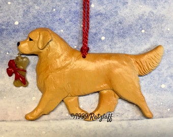 Golden Retriever-w/bone charm. Christmas/holiday artist quality dog breed ornament.
