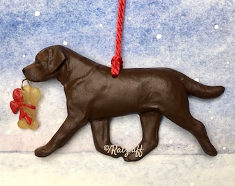 Labrador Retriever-chocolate-with bone charm-Christmas/holiday dog breed ornament.