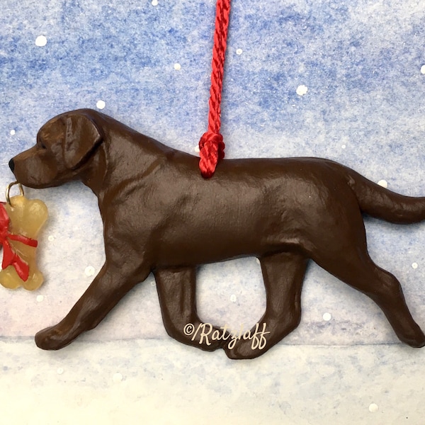 Labrador Retriever-chocolate-with bone charm-Christmas/holiday dog breed ornament.