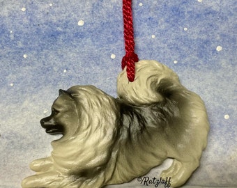 Keeshond playbow ornament! Christmas/holiday or everyday sculpted dog breed ornament.