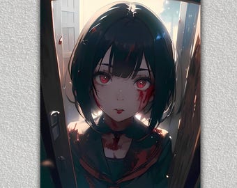 Crazy Yandere Anime Girl Art Print, DIGITAL DOWNLOAD, Crazy Girlfriend, Wall Art, Wall Decor, Horror Manga, Traditional Japanese, Japan