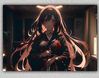 Crazy Yandere Anime Girl Art Print, DIGITAL DOWNLOAD, Crazy Girlfriend, Wall Art, Wall Decor, Horror Manga, Japan, Bloody, Anime Poster