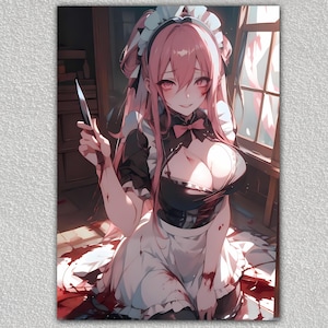 Crazy Yandere Anime Girl Art Print, DIGITAL DOWNLOAD, Crazy Girlfriend, Wall Art, Wall Decor, Horror Manga, Traditional, Japan, Maid, Bloody