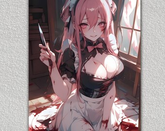 Crazy Yandere Anime Girl Art Print, DIGITAL DOWNLOAD, Crazy Girlfriend, Wall Art, Wall Decor, Horror Manga, Traditional, Japan, Maid, Bloody