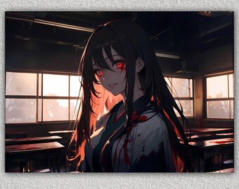 Crazy Yandere Anime Girl Digital Art, DIGITAL DOWNLOAD, Crazy Girlfriend, Wall Art, Wall Decor, Horror Manga, Kimono, Anime, Japanese, Japan