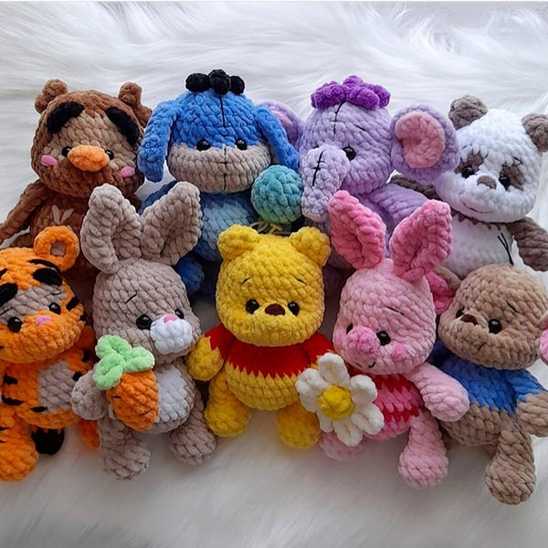 9in1 PDF PATTERN Winnie the Pooh and Friends, crochet pattern, easy amigurumi baby toy, Eeyore, Roo, Piglet, Tigger, Rabbit, Eng Deu FR