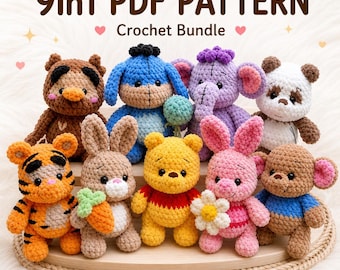 Patrón PDF 9 en 1 de Winnie the Pooh y sus amigos, patrón de ganchillo, juguete amigurumi fácil para bebé, Eeyore, Roo, Piglet, Tigger, Rabbit, Eng Deu FR