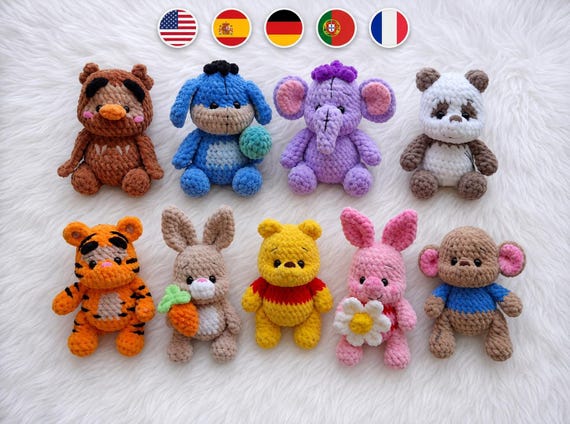 9in1 PDF PATTERN Winnie the Pooh and Friends, crochet pattern, easy amigurumi baby toy, Eeyore, Roo, Piglet, Tigger, Rabbit, Eng Deu FR