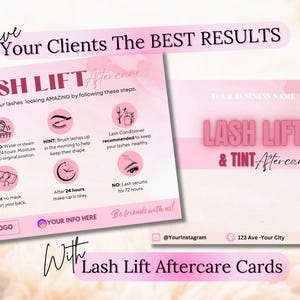 Bewerkbare kaart wimperlifting en tinting, afdrukbare kaart wimperlift-nazorg, visitekaartje wimperverzorging, canvassjabloon wimperverzorgingskaart.