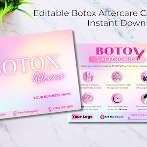 Plantilla de tarjeta de cuidados posteriores al tratamiento con botox en Canva, personalizable digitalmente, estilo lindo, material promocional de spa médico, cliente editable de negocios de belleza