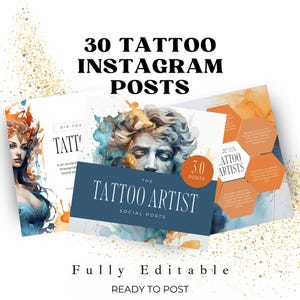 Plantillas de Instagram para artistas del tatuaje en Canva, contenido editable para redes sociales, publicaciones personalizables para tatuajes, diseño moderno, descarga instantánea
