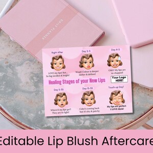 Afdrukbare nazorg Healing Card voor Lip Blush voor klanten van Salon PMU. Liptint permanente make-upverzorging gids na afspraak, schattig roze paars