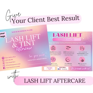 Kaarten nazorg wimperverlengingen, bewerkbare kaart wimperlifting en tint, afdrukbare kaart wimperverzorging, canvassjabloon voor wimpertechnici