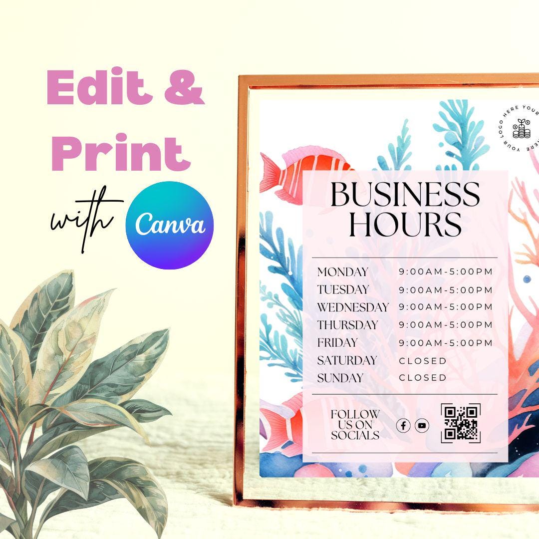 Editable Business Hours Sign, Custom Storefront Template, Printable ...