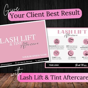 Aangepaste kaart wimperlift en tint nazorg, beautybedrijf bewerkbaar ontwerp, doe-het-zelfcanva roze en witte gids, sjabloon wimpertechnicus of schoonheidsspecialiste