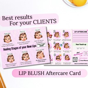 nazorgkaarten permanente make-up, lip blozen, schoonheidsspecialiste bewerkbare genezingsgids, digitaal sjablooncanva, DIY aanpasbare lippentint