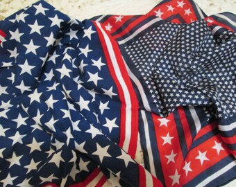 2 LOT Vintage Patriotic Stars and Stripes Scarves one is Silk one is Cotton Red / White / Blue