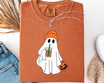 Comfort Colors Cute Ghost Coffee Shirt, Halloween Iced Latte Tee