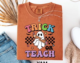 Comfort Colors Teacher Halloween Shirt, Retro Ghost, Trick or Teach Tee