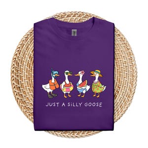 May include: A purple t-shirt featuring a graphic of four cartoon geese, each accessorized with summer items like sunglasses, a life preserver, and a floral lei. The text "JUST A SILLY GOOSE" is printed below the geese.