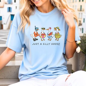 May include: Light blue t-shirt featuring a whimsical illustration of four cartoon geese, each adorned with summer accessories like sunglasses, life vests, and hats. The text "JUST A SILLY GOOSE" is printed below the geese. The shirt is made of a soft material.