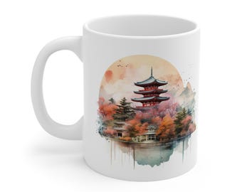 Japanese Pagoda Coffee Cup: Watercolor Temple Design, Zen Gift