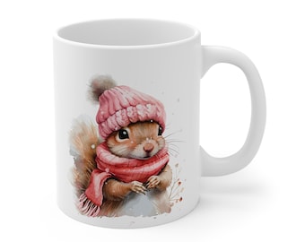 Winter Squirrel Mug, Cute Woodland Animal in Pink Hat and Scarf, Cosy Winter Coffee Cup Gift, 11oz White Mug
