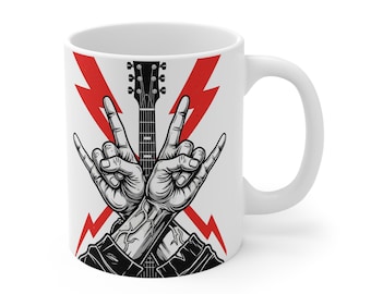 Rock On Coffee Mug, Electric Guitar & Lightning Bolt Design for Music Lovers
