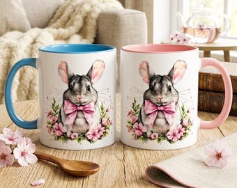 Cute Chinchilla Mug with Pink Bow - Floral Watercolour Chinchilla Gift for Her - Choice of Handle Colours, Aesthetic Animal Lover Coffee Cup