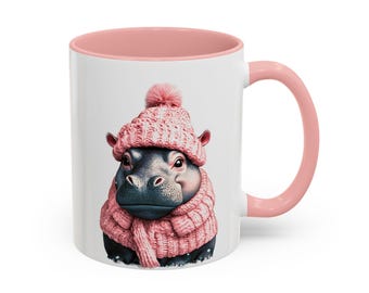 Adorable Baby Hippo Mug with Pink Knit Hat and Scarf | Cute Animal Winter Accent Coffee Cup