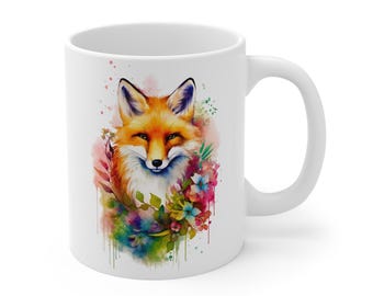 Aquarel Fox-mok: Cottagecore-koffiekop met bloemen - cadeau voor natuurliefhebber
