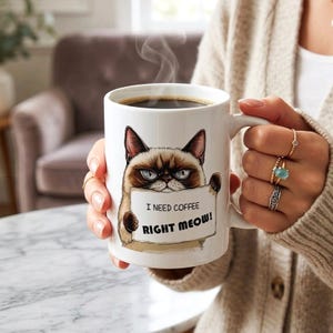 May include: A white ceramic mug featuring a graphic illustration of a grumpy cat holding a sign that reads I NEED COFFEE RIGHT MEOW! The mug is filled with a dark liquid and emits a thin wisp of steam from the top, showcasing a clear, detailed design.