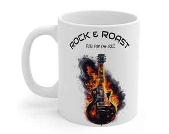 Rock & Roast Guitar Mug, Fiery Electric Guitar Coffee Cup,Music Lover Gift , Rock n Roll Mug ,Ceramic Coffee Cups, 11oz, 15oz