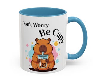 Don't Worry Be Capy Mug | Cute Capybara Drinking Boba Tea | Funny Kawaii Animal Gift | Two-Tone Ceramic Mug ,Accent Coffee Mug (11oz)
