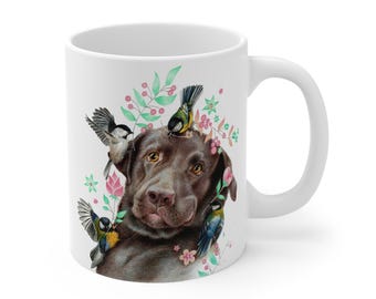 Labrador Mug, Floral Dog & Birds, Animal Lover Coffee Cup
